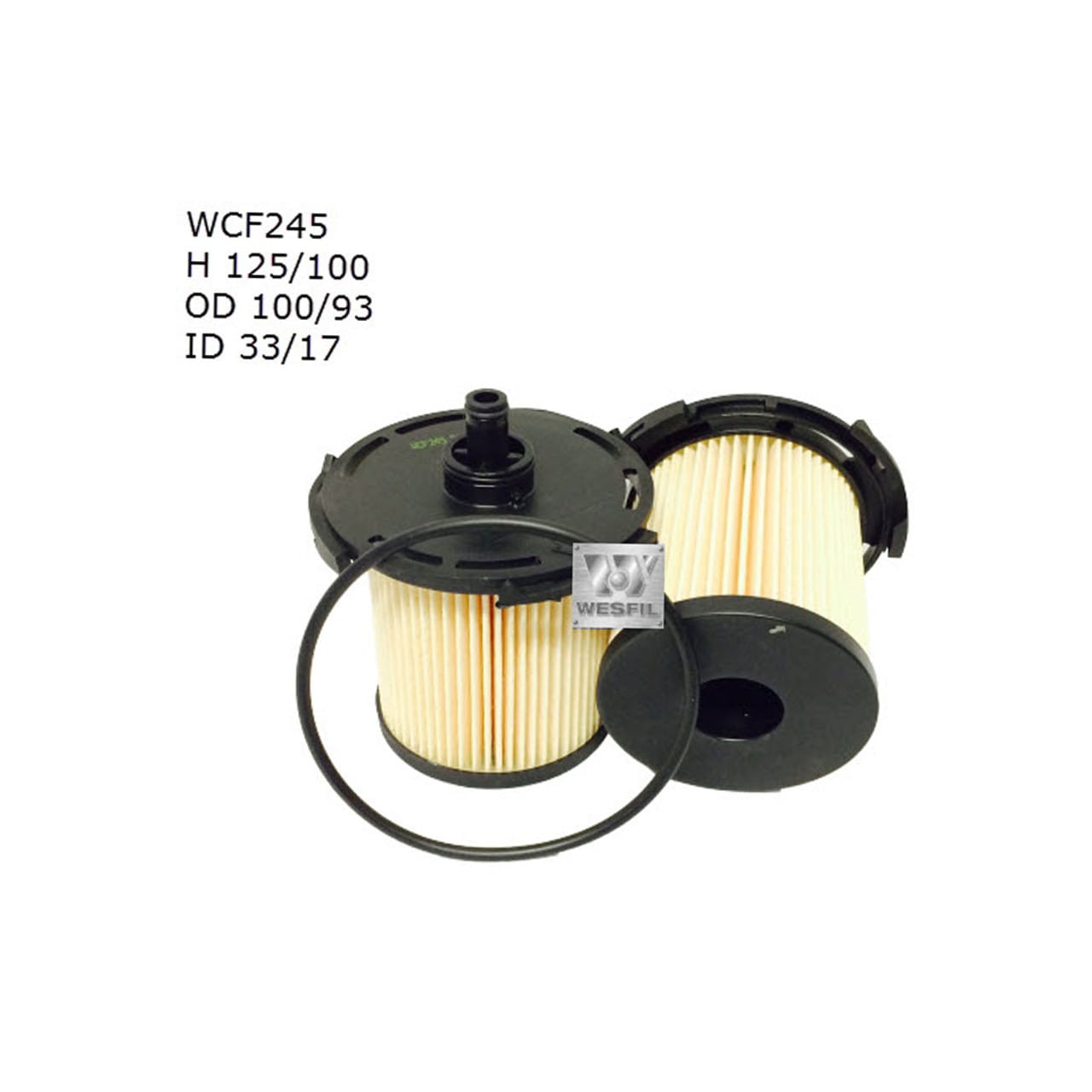 Two cylindrical air filters with ribbed surfaces, black end caps, and a rubber O-ring. Text beside the filters reads "WCF245 H 125/100 OD 100/93 ID 33/17.