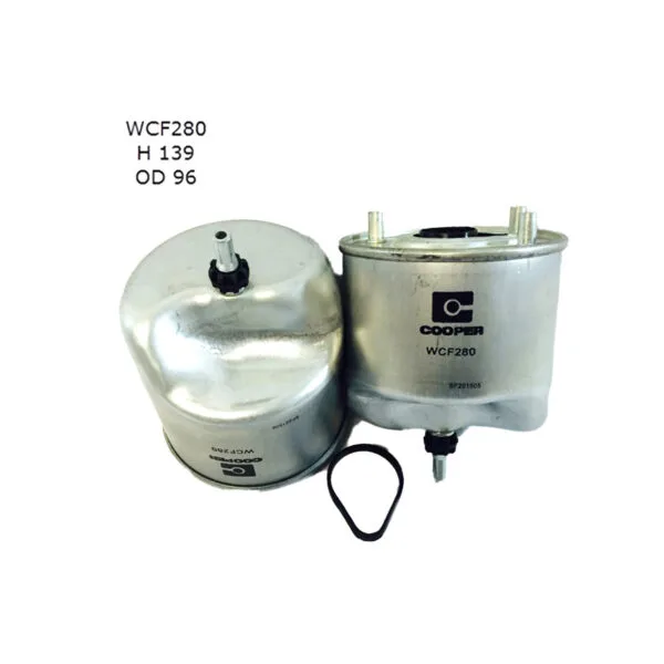Two metal fuel filters labeled WCF280 with black seals, displayed upright and on their side. Dimensions noted: H 139, OD 96.