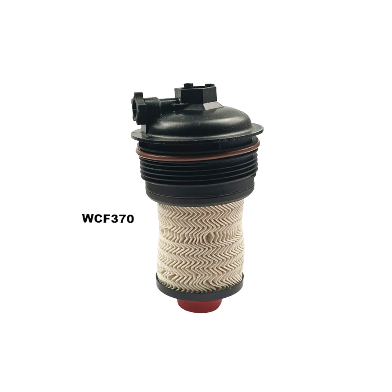A cylindrical automotive oil filter with a zigzag pattern and black top, labeled WCF370.