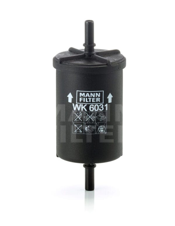 Black cylindrical Mann Filter WK 6031 with instruction icons and arrows, used for fuel filtration.