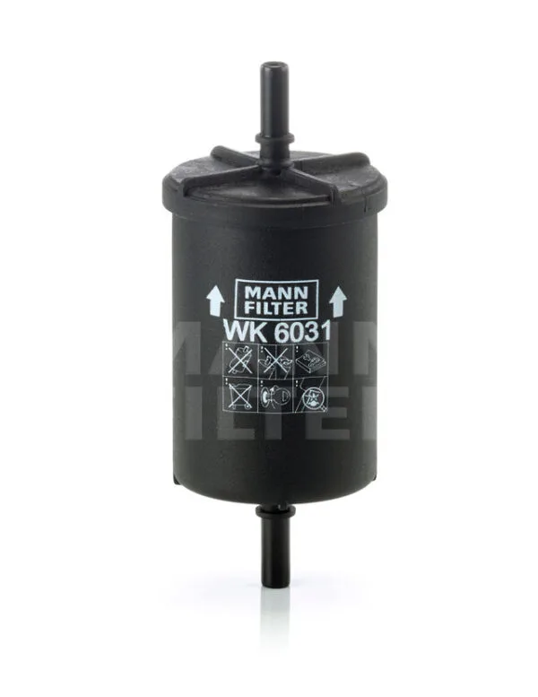Black cylindrical Mann Filter WK 6031 with instruction icons and arrows, used for fuel filtration.