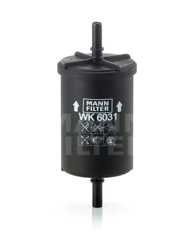 Black cylindrical Mann Filter WK 6031 with instruction icons and arrows, used for fuel filtration.