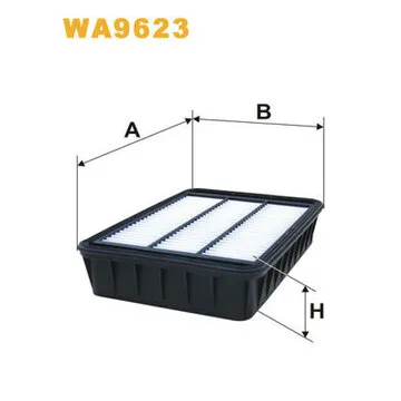 Illustration of a rectangular air filter with dimensions marked: A, B, and H. The code "WA9623" is shown above.
