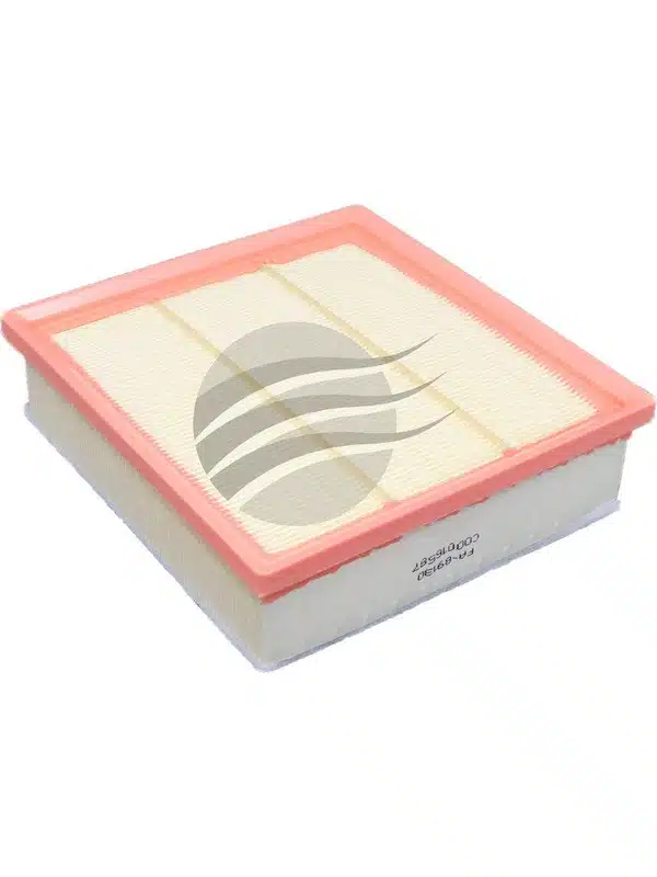 Rectangular air filter with a ribbed surface and a pink frame, featuring a swirl design on top.