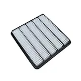Rectangular air filter with a black frame and white pleated material.