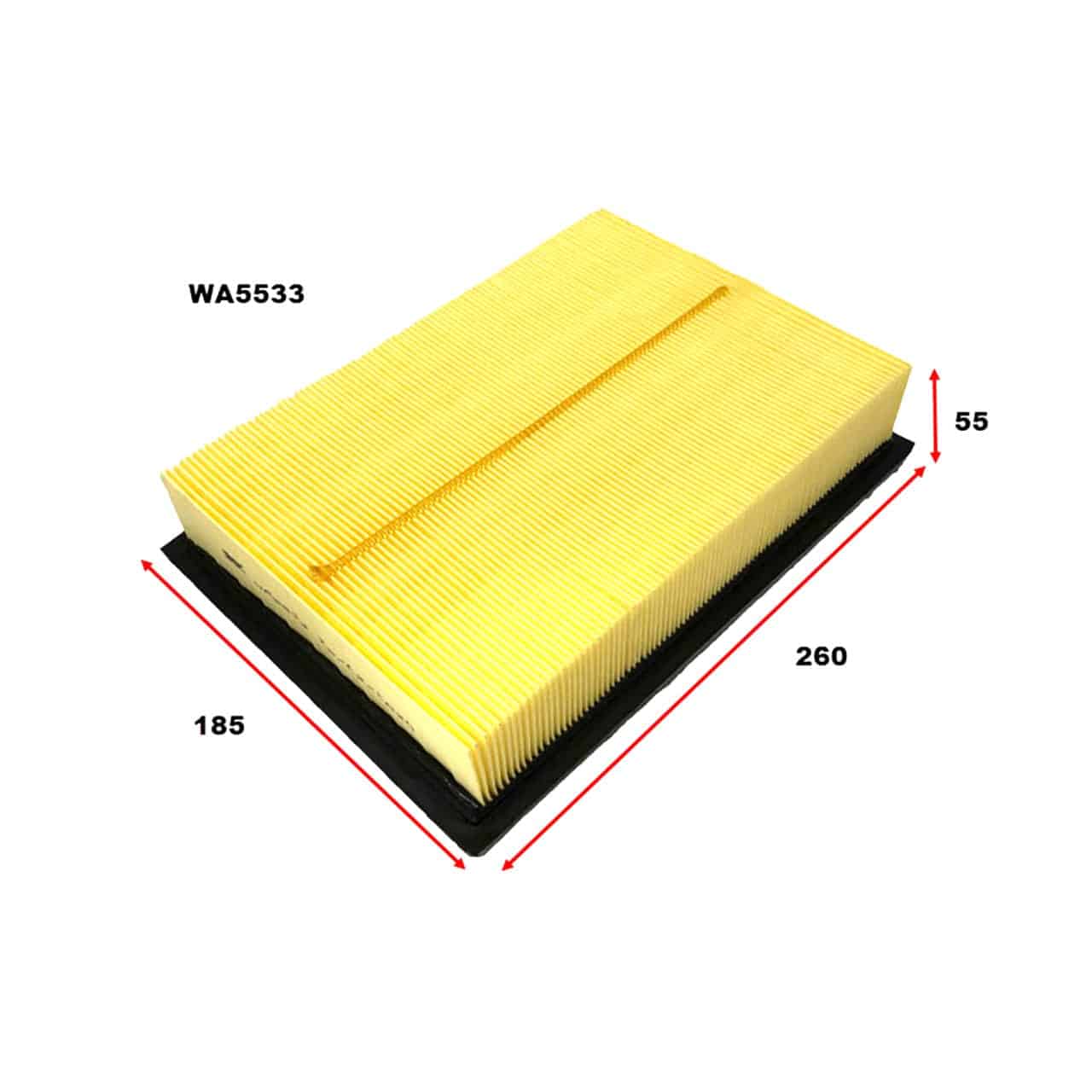 Yellow rectangular air filter with black base, labeled WA5533. Dimensions shown: 260mm length, 185mm width, 55mm height.