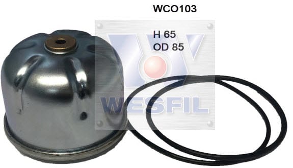 The WCO103 Oil Filter (ZR700X) features a metallic canister with a rubber ring, perfect for ZR700X models. Dimensions: 65mm height, 85mm outer diameter. It showcases the Wesfil logo.
