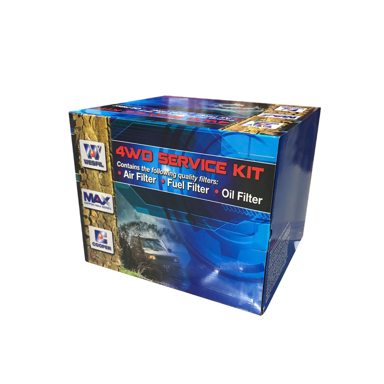 Box of a 4WD service kit featuring air, fuel, and oil filters. The box has blue and yellow graphics and logos on the sides.