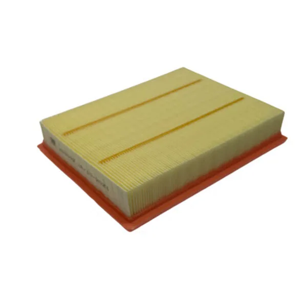 Rectangular air filter with a pleated yellow paper element and red rubber frame, lying flat on a white background.