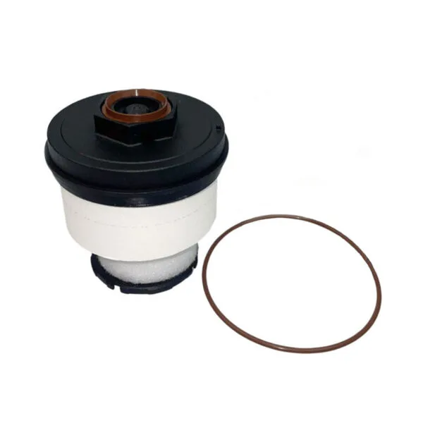 A cylindrical oil filter with a brown rubber gasket placed next to it.