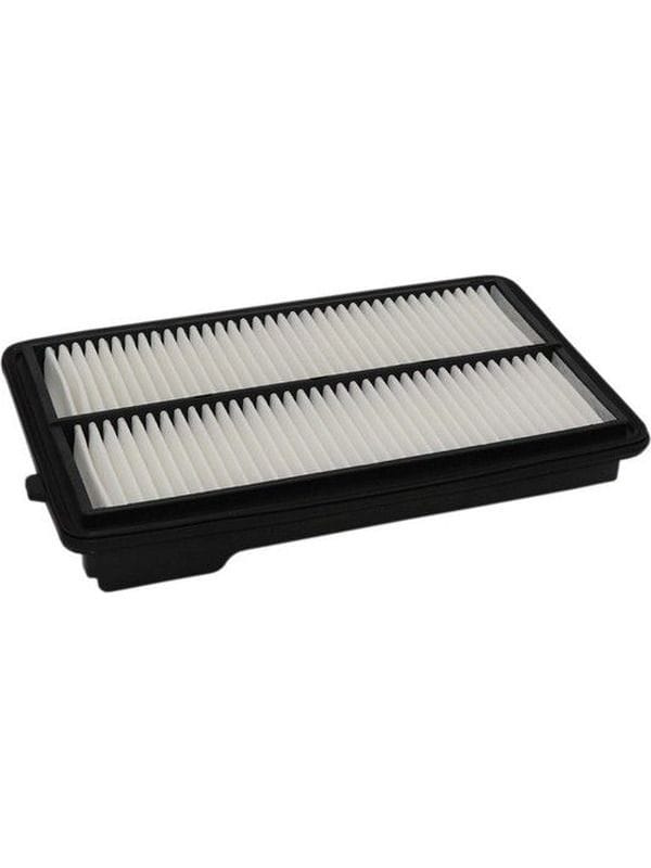 Rectangular automotive air filter with a black plastic frame and white pleated filter material, shown on a plain background.