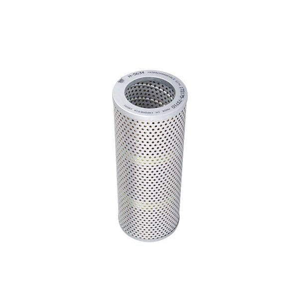 Cylindrical metal mesh filter with perforated holes and a solid top and bottom rim, viewed from a slight angle against a white background.