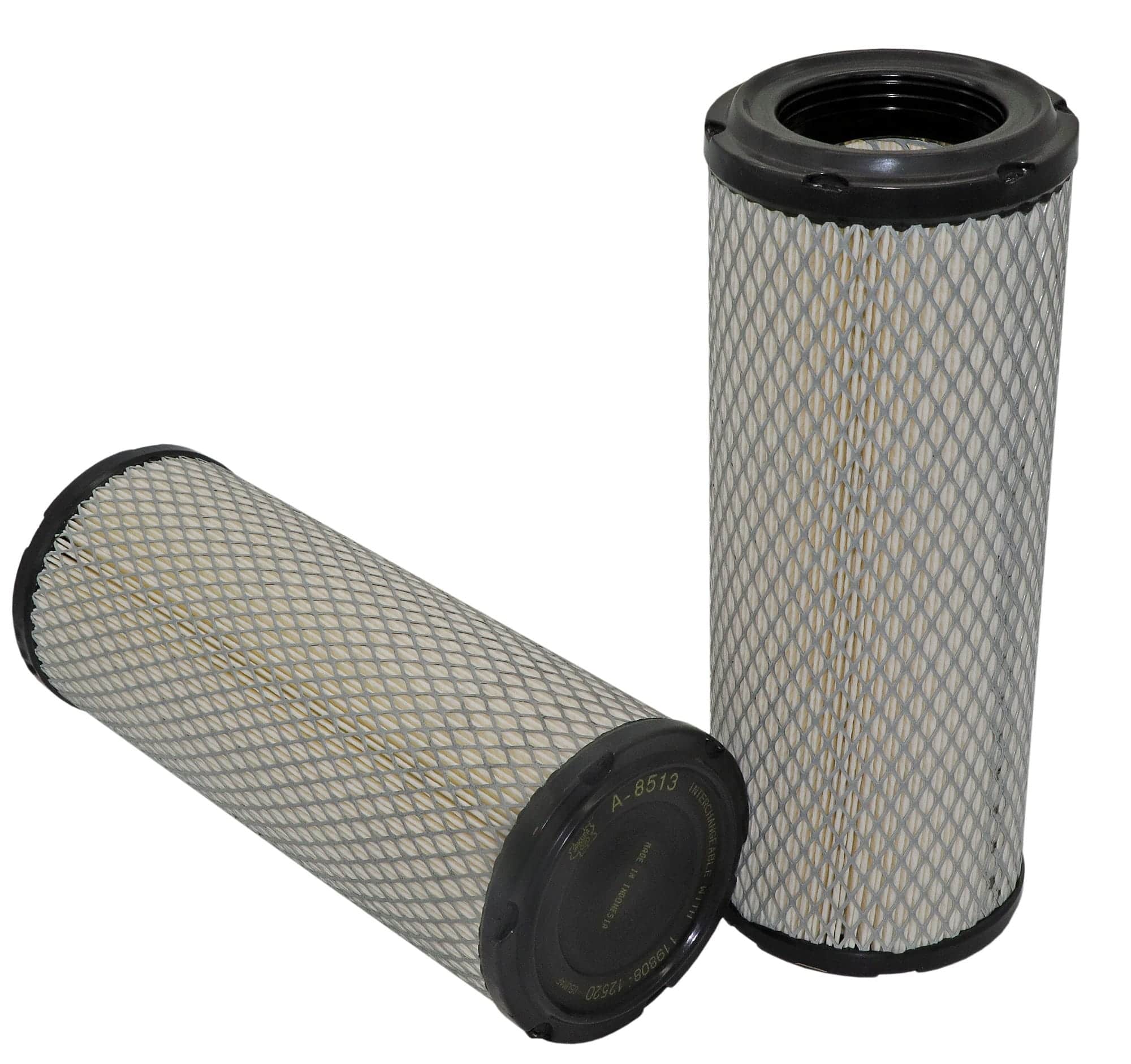 Two cylindrical air filters with black end caps, one standing upright and one lying on its side, against a white background.