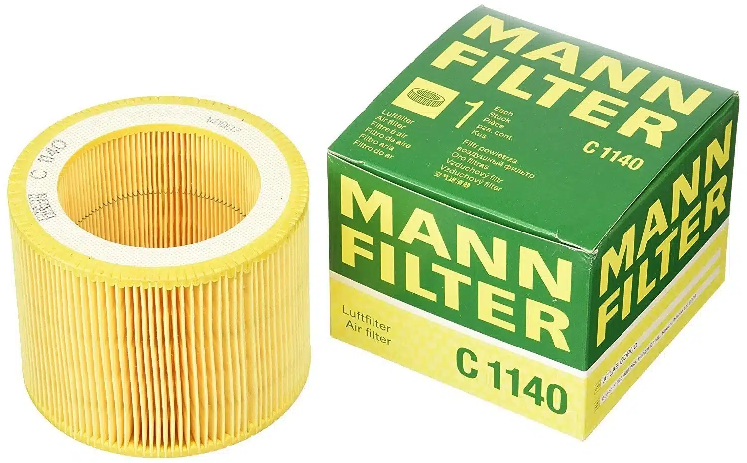 A cylindrical yellow air filter is shown next to its green and yellow box labeled "Mann Filter C 1140.
