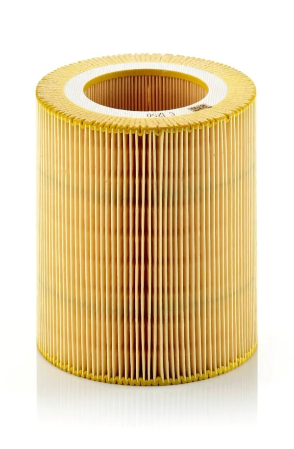 A cylindrical pleated paper air filter with a hollow center, shown against a white background.