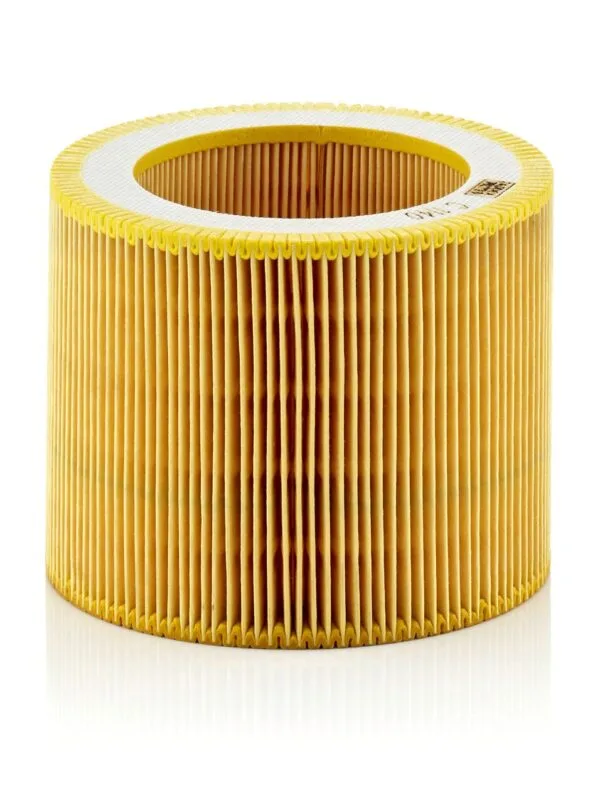 Cylindrical yellow pleated air filter with white top rim, standing upright on a white background.