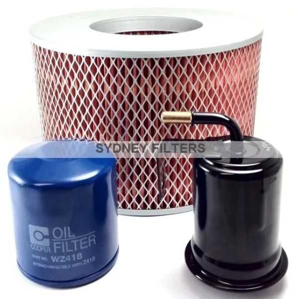 Assorted vehicle filters including a large red air filter, a blue oil filter, and a black cylindrical filter from Sydney Filters.