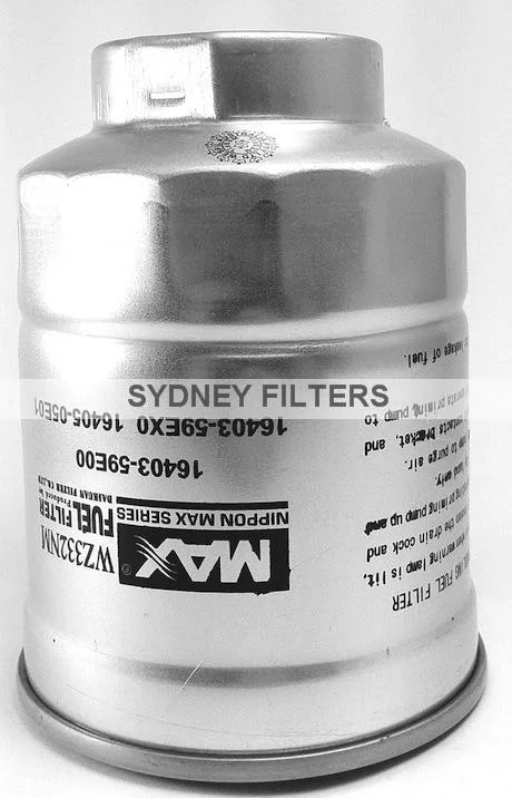 A close-up of a Nippon Max fuel filter, model 16403-59E00, with text showing specifications.