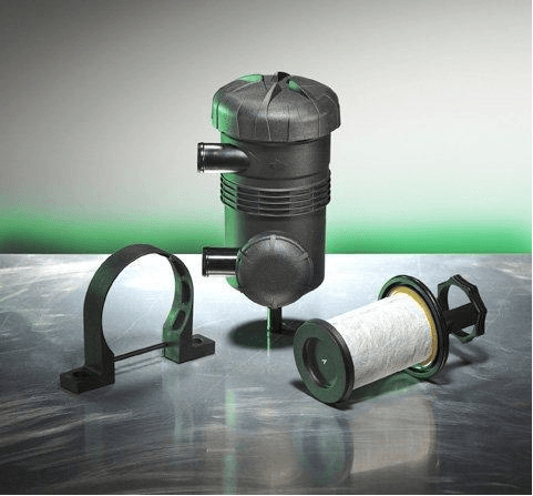 A black cylindrical water filter system with a mounting bracket and a removable cylindrical filter on a metallic surface with a gradient background.